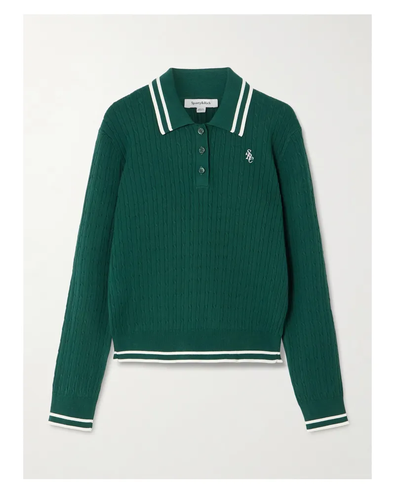 SPORTY & RICH Pullover In Zopfstrick Mit Stickerei, Streifen Und Polokragen - Grün Grün