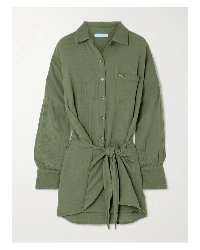Melissa Odabash Sara Tie-front Crinkled Cotton-gauze Mini Shirt Dress - Green Green