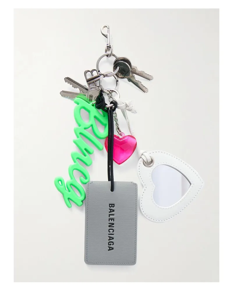 Balenciaga Aki Silberfarbener Schlüsselanhänger Aus Leder, Silikon Und Kristall Mit Verzierungen Silber