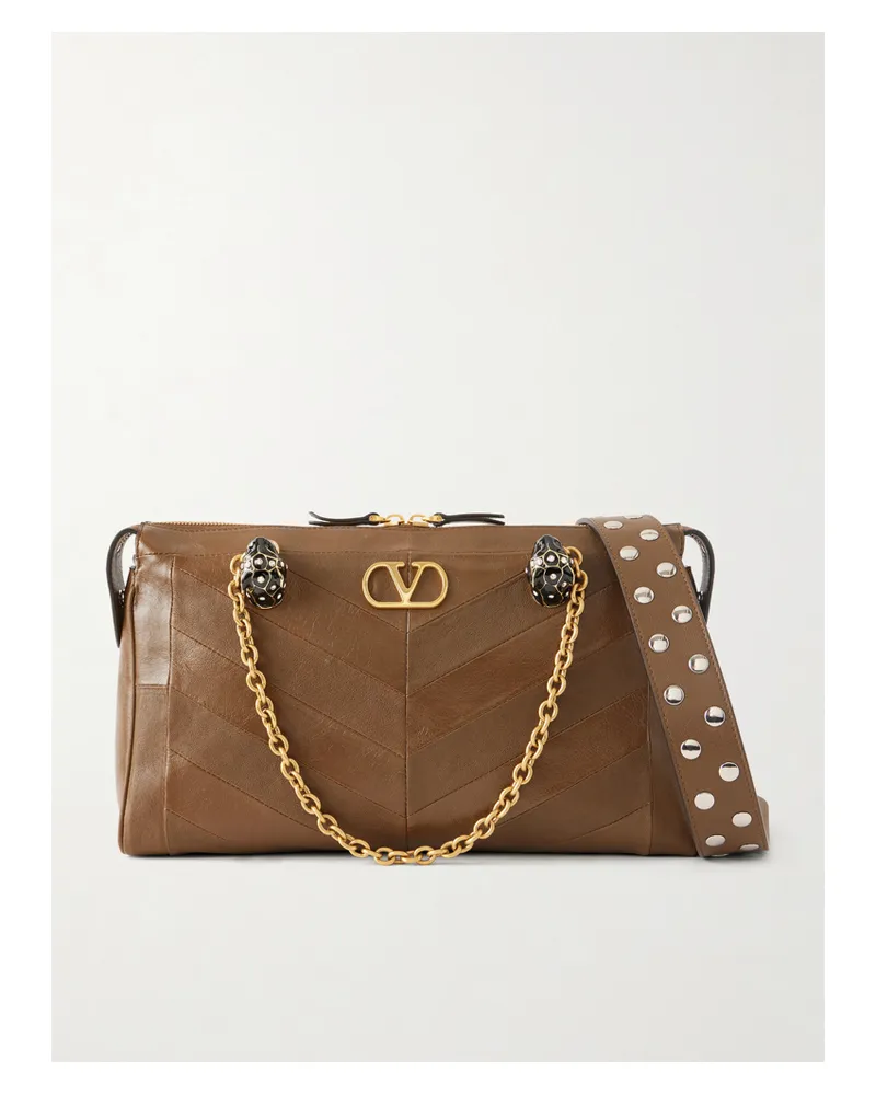 Valentino Garavani Panthea Medium Embellished Leather Shoulder Bag - Brown Brown