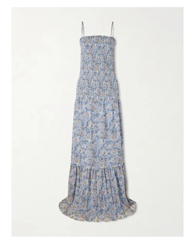 Veronica Beard Clem Shirred Floral-print Cotton And Silk-blend Midi Dress - Blue Blue