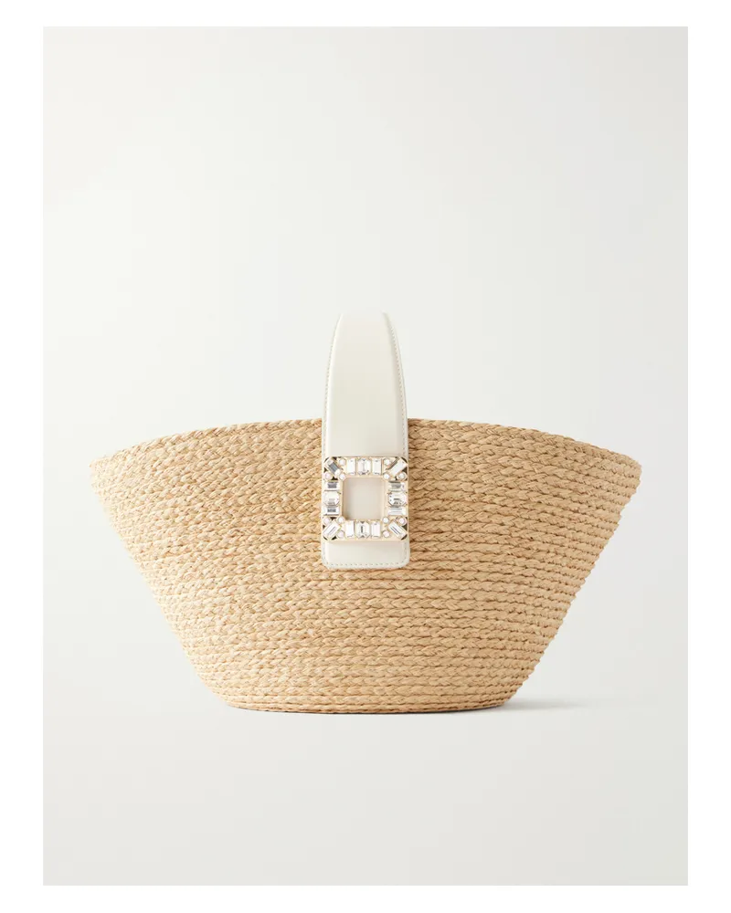 Roger Vivier Embellished Leather-trimmed Raffia-effect Tote Bag - Neutrals Neutrals