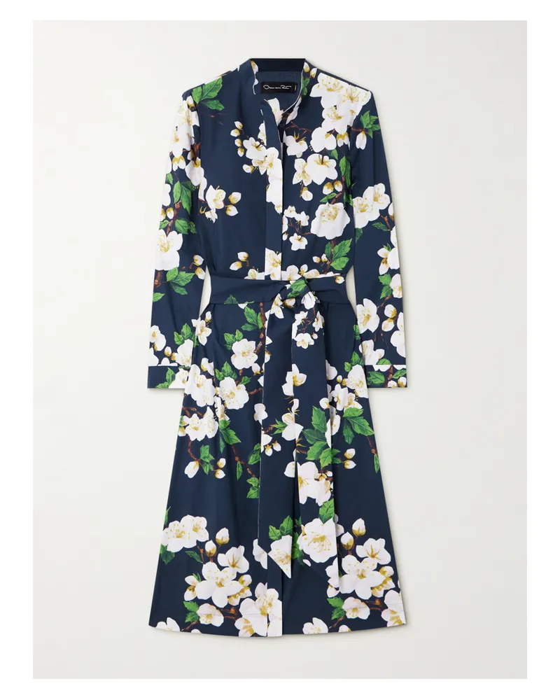 Oscar de la Renta Midi-hemdblusenkleid Aus Popeline Aus Einer Baumwollmischung Mit Blumenprint Und Bindegürtel - Blau Blau