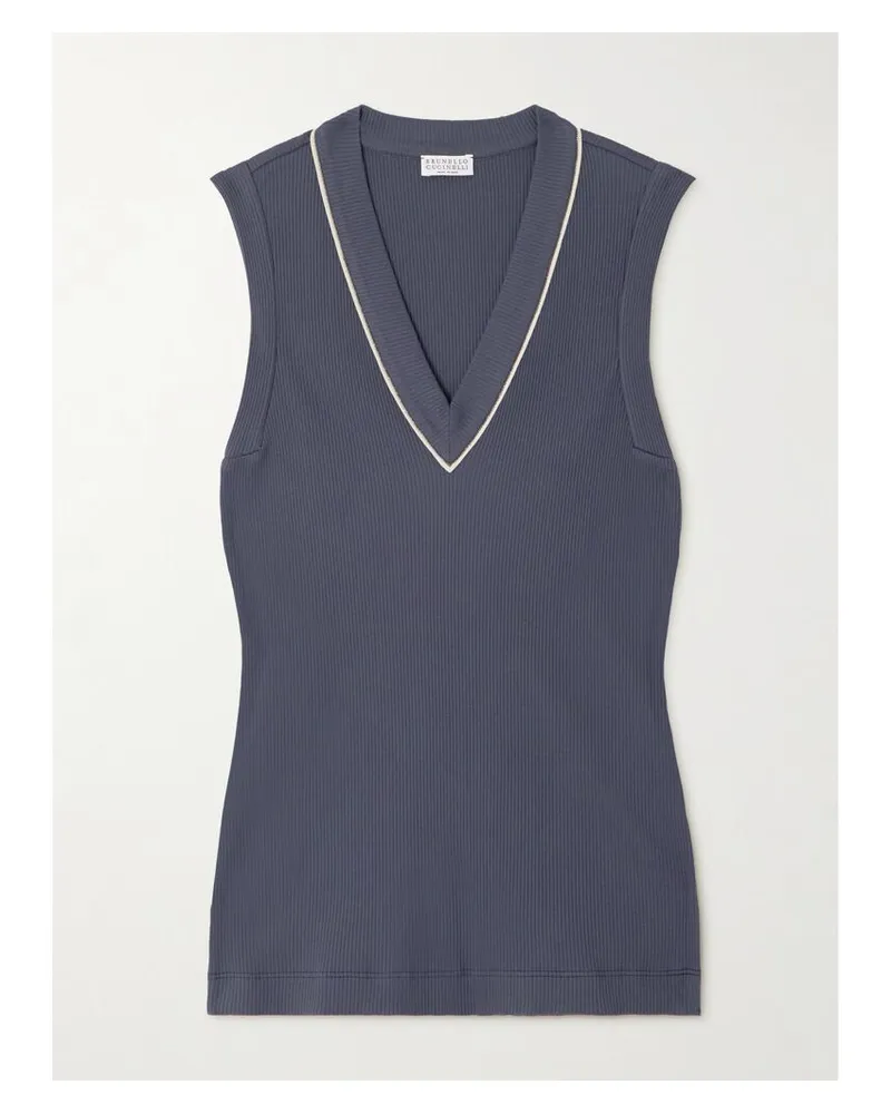 Brunello Cucinelli Tanktop Aus Einer Gerippten Baumwollmischung Mit Zierperlen - Blau Blau