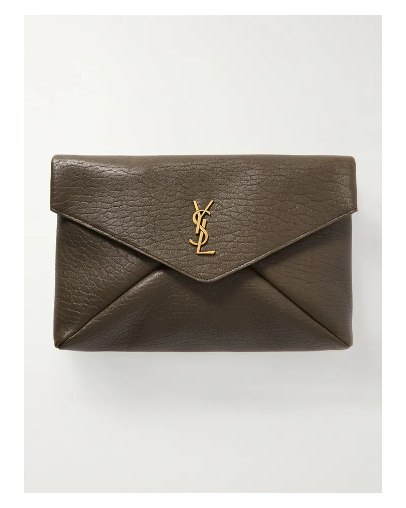 Saint Laurent Cassandre Large Textured-leather Clutch - Green Green