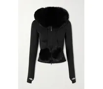 Embroidered Plush-trimmed Jersey Hoodie - Black