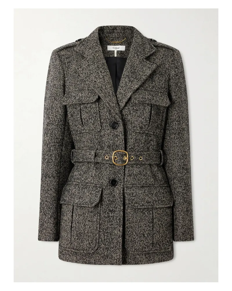 Chloé Jacke Aus Einer Wollmischung Mit Fischgratmuster Und Gürtel - Braun Braun