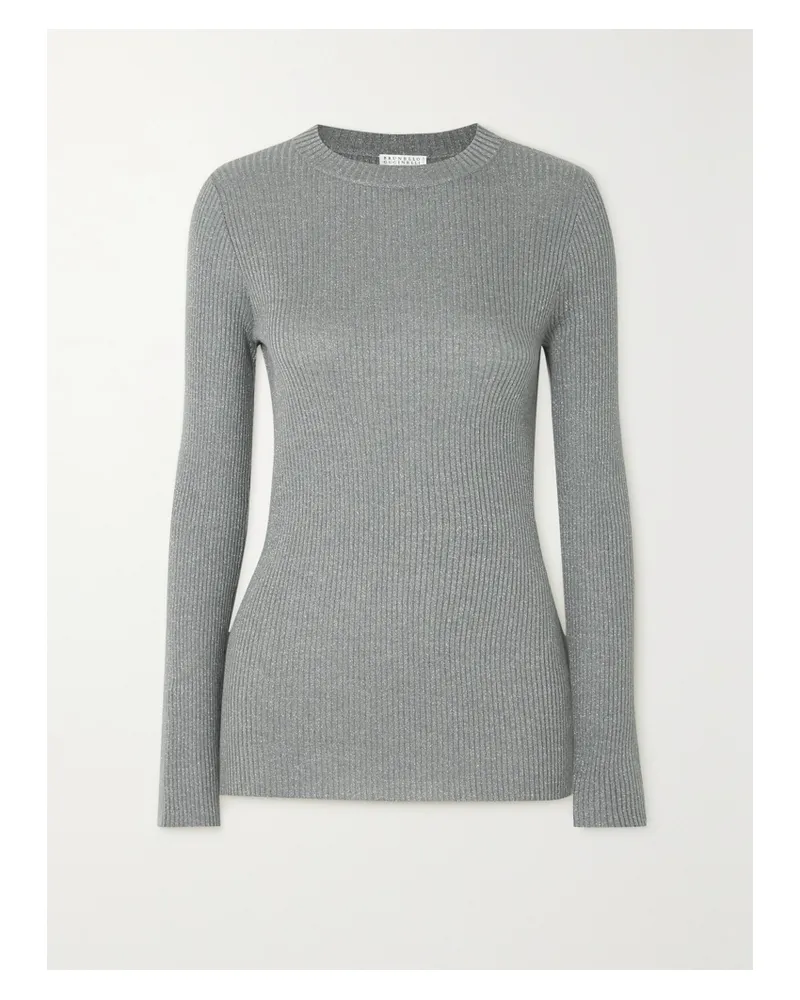 Brunello Cucinelli Gerippter Pullover Aus Einer Kaschmirmischung In Metallic-optik - Grau Grau