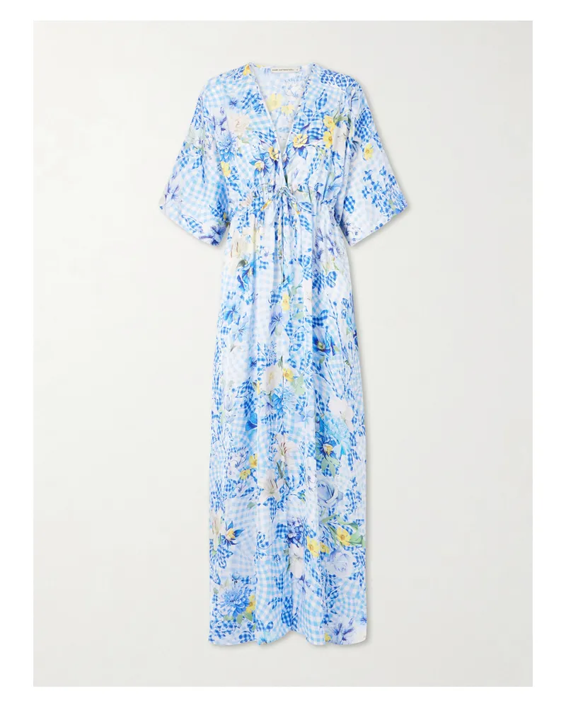 Mary Katrantzou Taormina Checked Floral-print Satin Kaftan - Blue Blue
