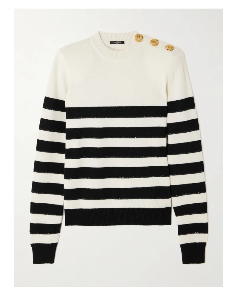 Balmain Embellished Striped Knitted Sweater - White White