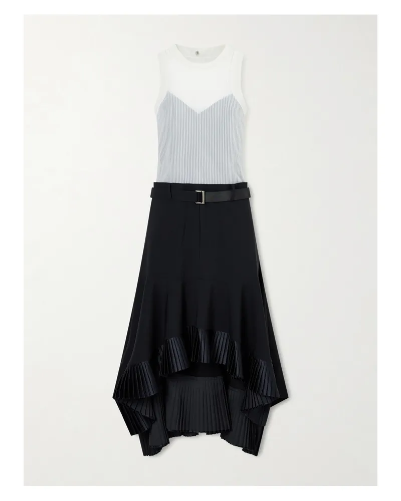 Sacai Pleated Wool-trimmed Plissé-chiffon Midi Dress - Black Black