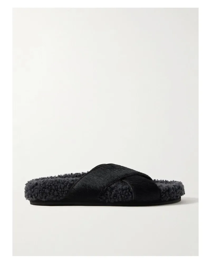 Ancient Greek Sandals Anilio Pantoletten Aus Kalbshaar Und Shearling - Schwarz Schwarz