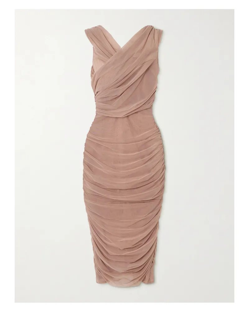 Dolce & Gabbana Midikleid Aus Gerafftem Stretch-tüll - Pink Pink