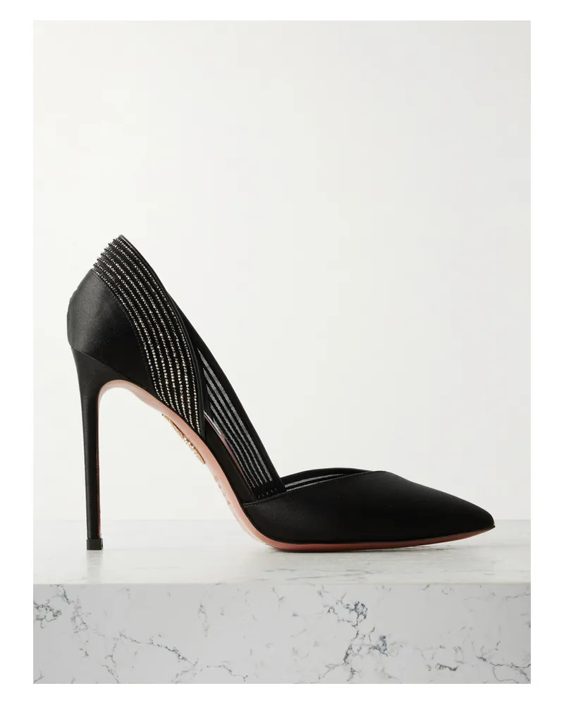 Aquazzura Shimmer 105 Pumps Aus Satin Und Mesh Mit Kristallen - Schwarz Schwarz