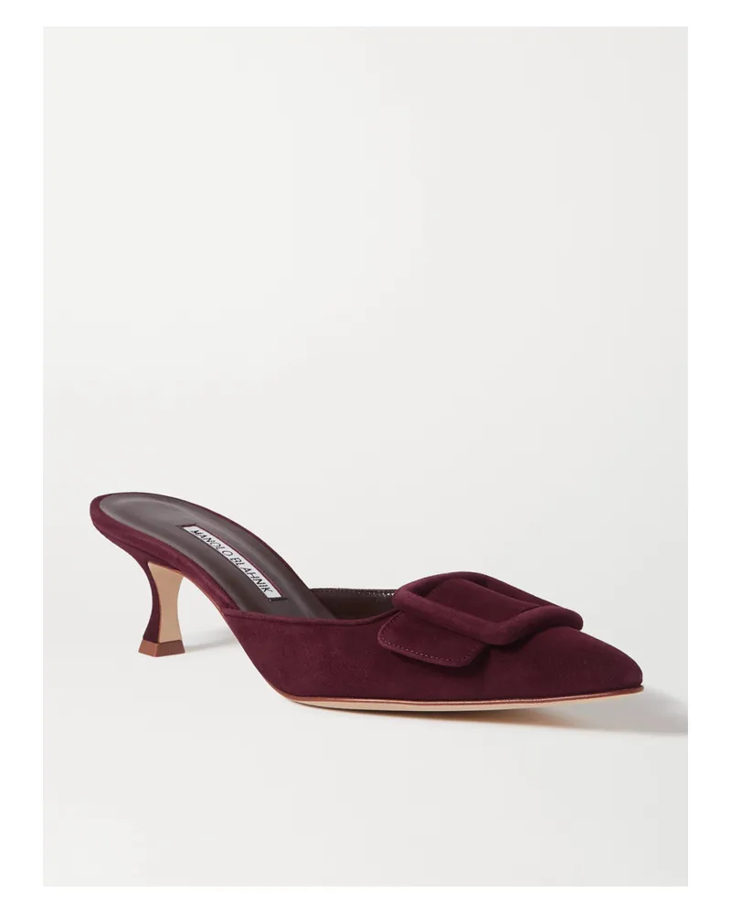 Manolo Blahnik Maysale 50 Buckled Suede Mules - Burgundy Burgundy