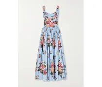 Tiered Floral-print Cotton-poplin Midi Dress - Blue