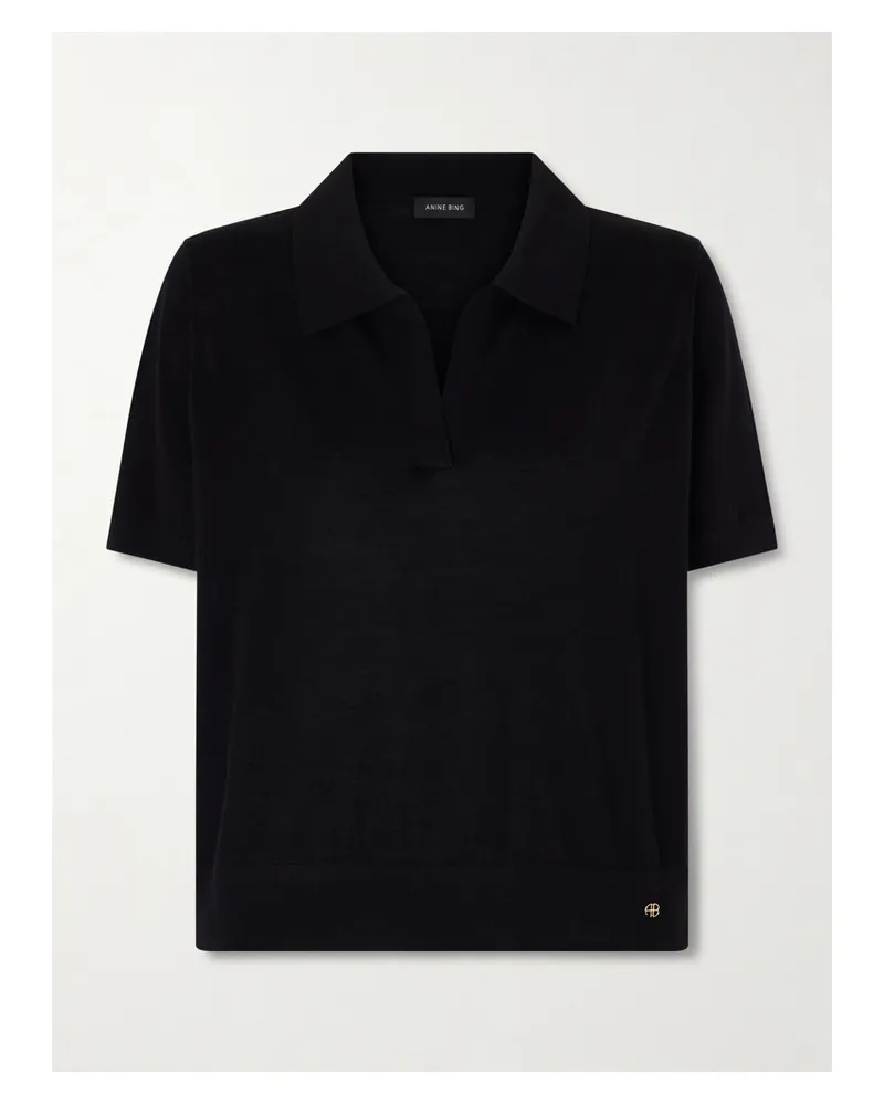 Anine Bing Merino Wool And Cashmere-blend Polo Shirt - Black Black