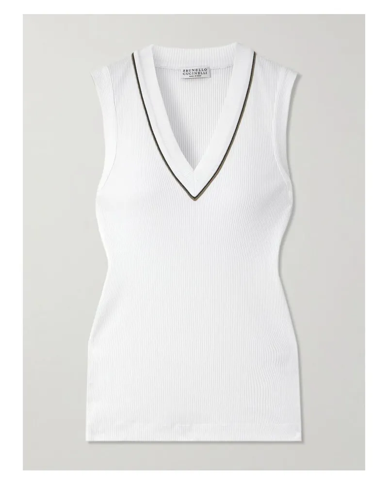 Brunello Cucinelli Tanktop Aus Einer Gerippten Baumwollmischung Mit Zierperlen - Weiß Weiß