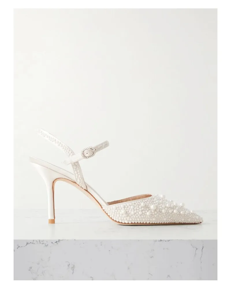 Stuart Weitzman Bliss Slingback-pumps Aus Satin Mit Kunstperlen - Weiß Weiß