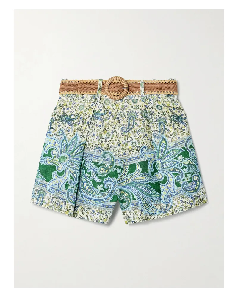 Zimmermann Ottie Shorts aus Bedrucktem Leinen Grün