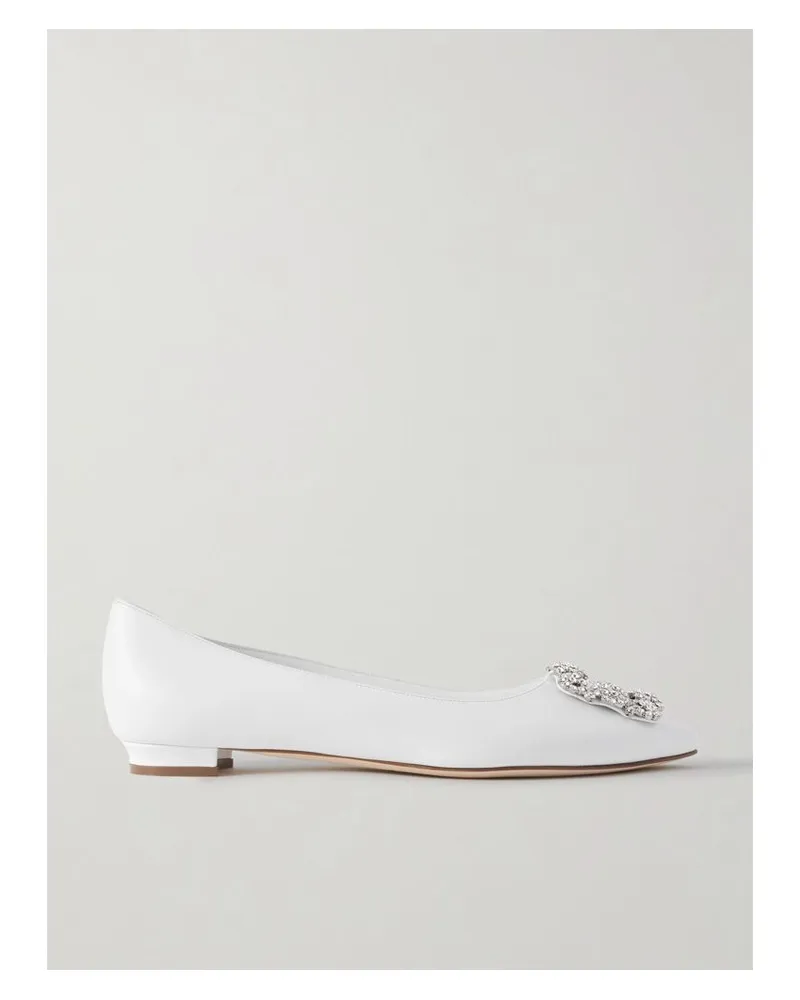 Manolo Blahnik Hangisi 10 Ballerinas Aus Leder Mit Spitzer Kappe Und Kristallen - Weiß Weiß