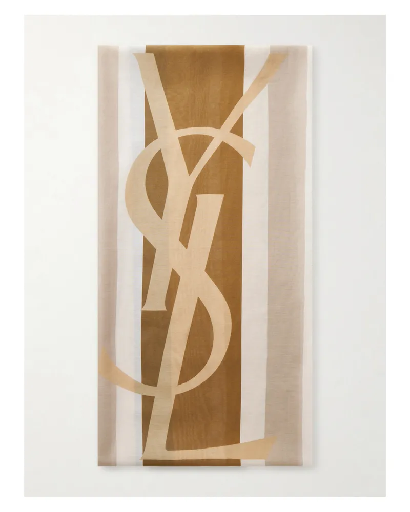 Saint Laurent Cassandre Striped Cotton And Silk-blend Scarf - Brown Brown