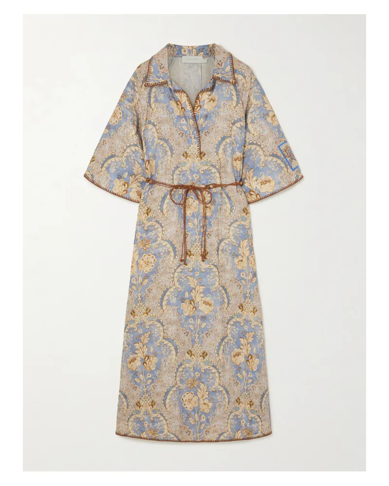 Zimmermann Daylight Midikleid Aus Bedrucktem Leinen Mit Bindegürtel - Blau Blau