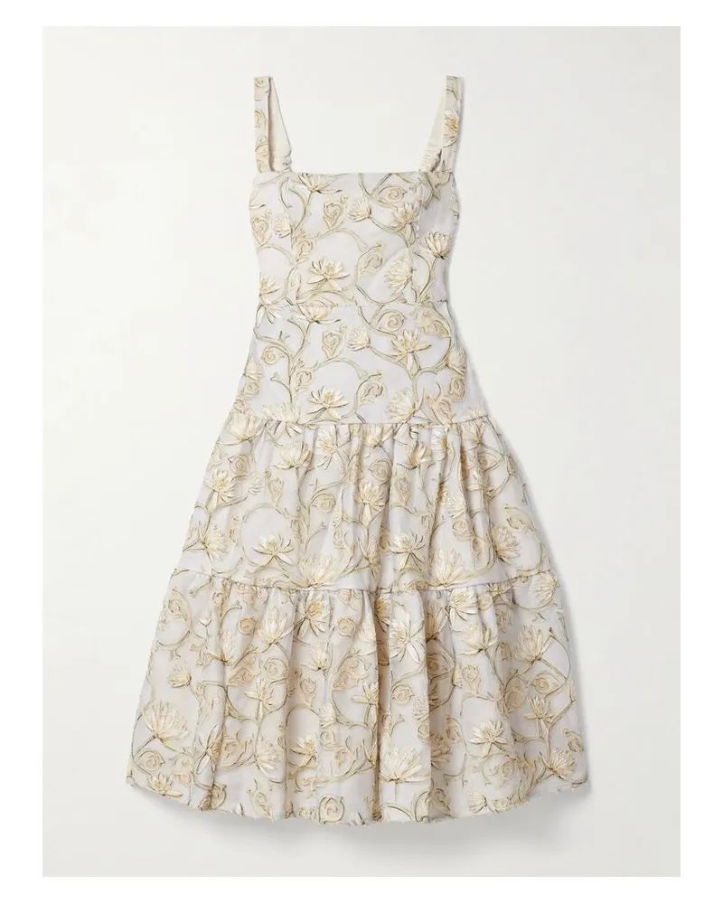 AGUA BENDITA Lima Soledad Midikleid Aus Tüll Mit Blumenprint Und Verzierungen - Elfenbein Elfenbein