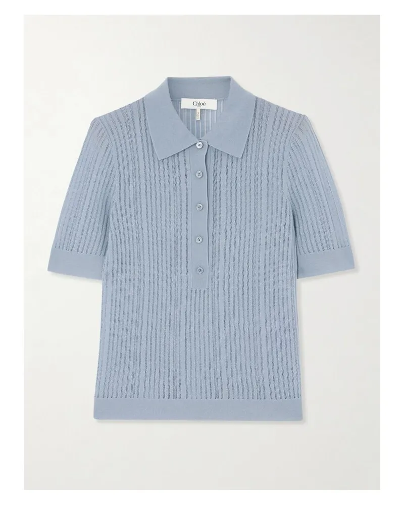 Chloé Polohemd Aus Gerippter Wolle In Lochstrick - Blau Blau