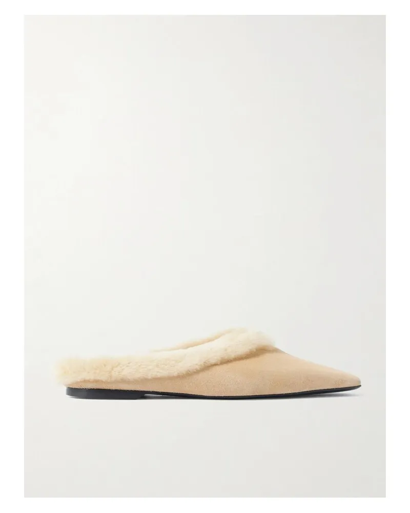 Totême Slippers Aus Veloursleder Mit Shearling-besatz - Ecru Ecru