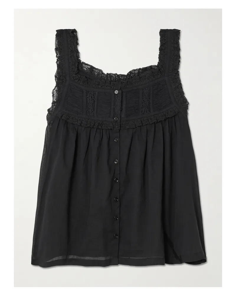 DÔEN Fidella Cropped Lace-trimmed Organic Cotton-voile Top - Black Black