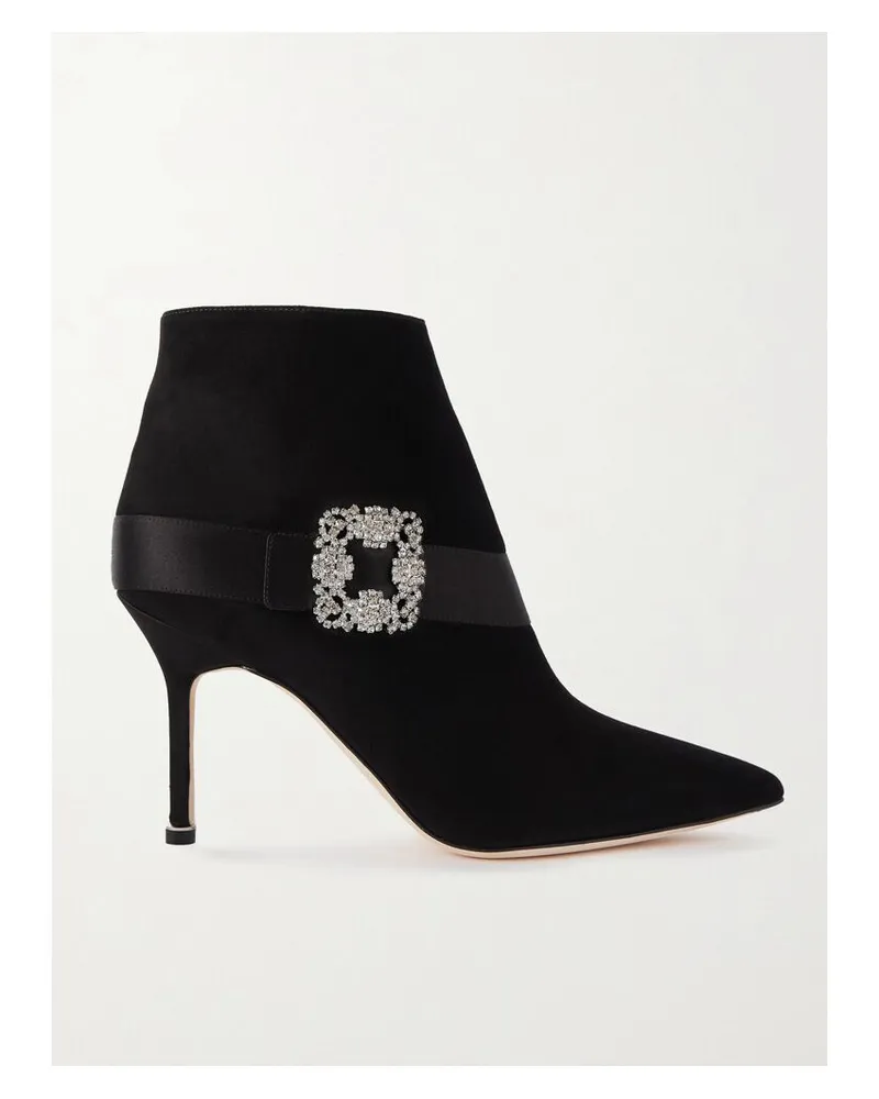 Manolo Blahnik Plinianu 90 Ankle Boots Aus Veloursleder Mit Satinbesatz Und Kristallen - Schwarz Schwarz