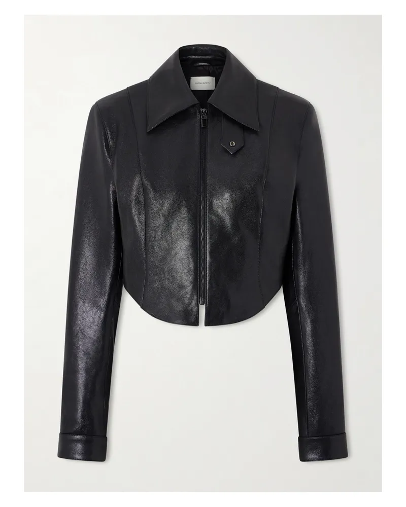 Magda Butrym Cropped Paneled Glossed Textured-leather Biker Jacket - Black Black