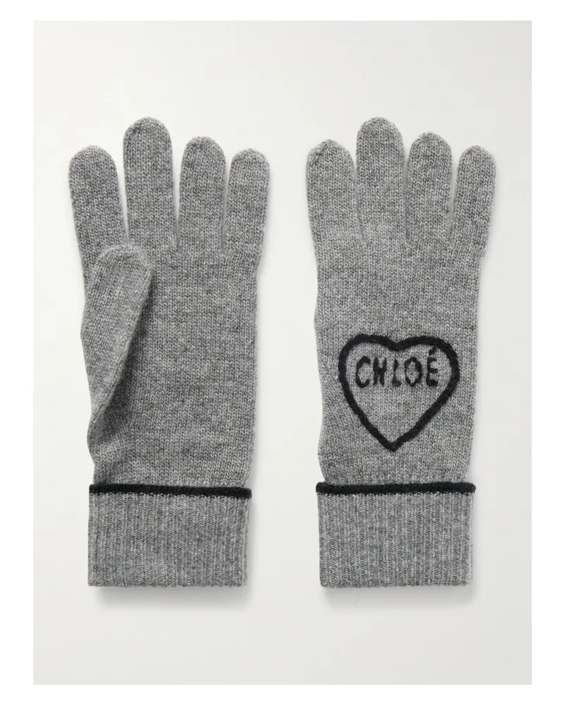 Chloé Embroidered Wool And Cashmere-blend Gloves - Gray Gray