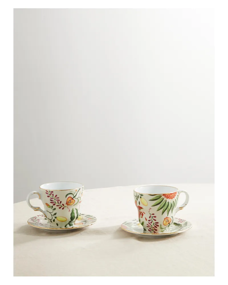 La DoubleJ Set Aus Zwei Espressotassen Und Untertassen Aus Porzellan Mit Vergoldeten Details - Weiß Weiß