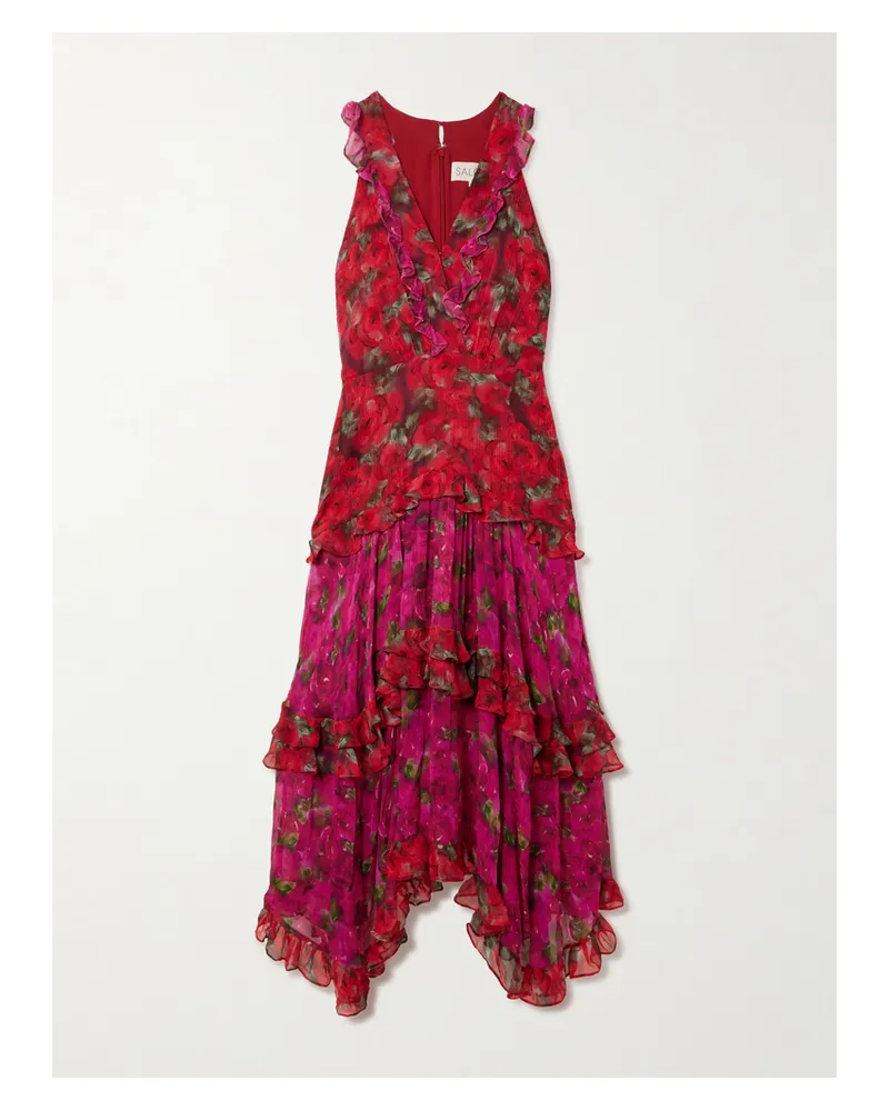 Saloni Jolie Gestuftes Maxikleid Aus Chiffon Und Krepon Mit Blumenprint - Pink Pink