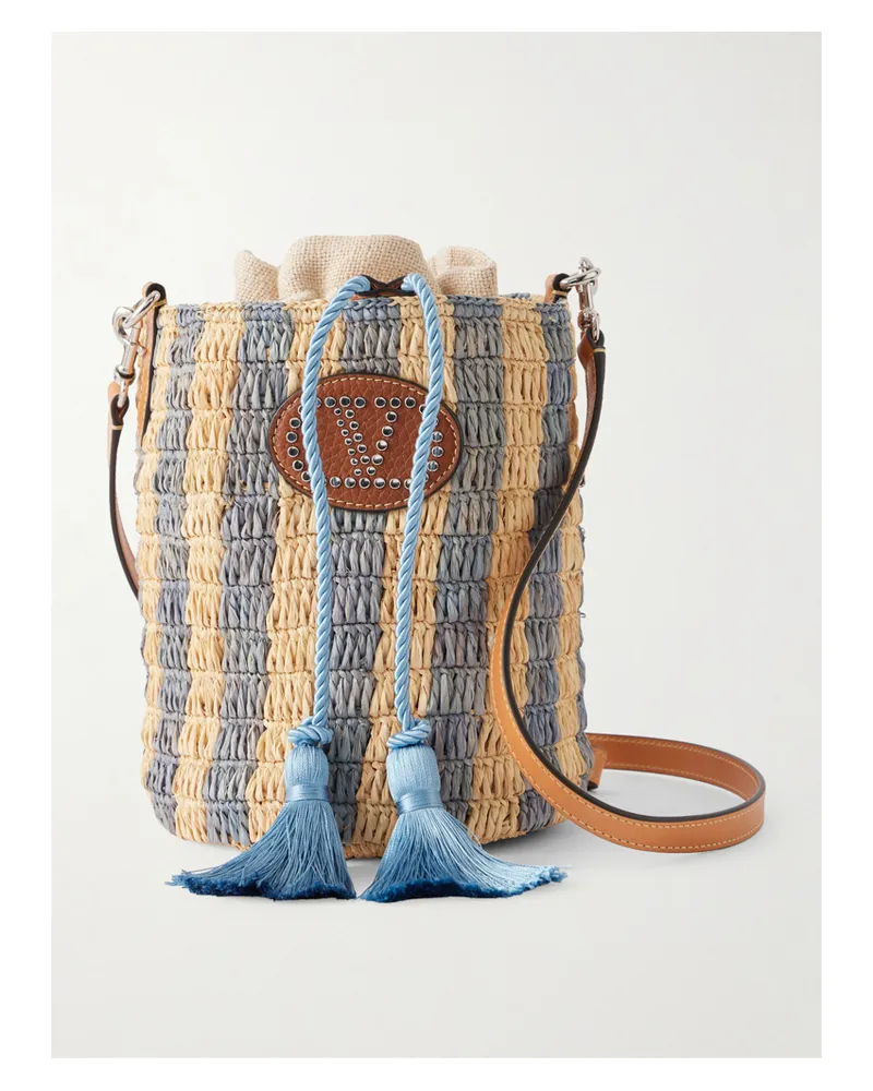 Valentino Garavani Embellished Striped Leather-trimmed Raffia Bucket Bag - Blue Blue