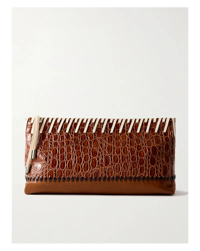 Dries van Noten Clutch Aus Leder Mit Krokodileffekt Und Glattleder Mit Details Im Überwendlichstich - Braun Braun