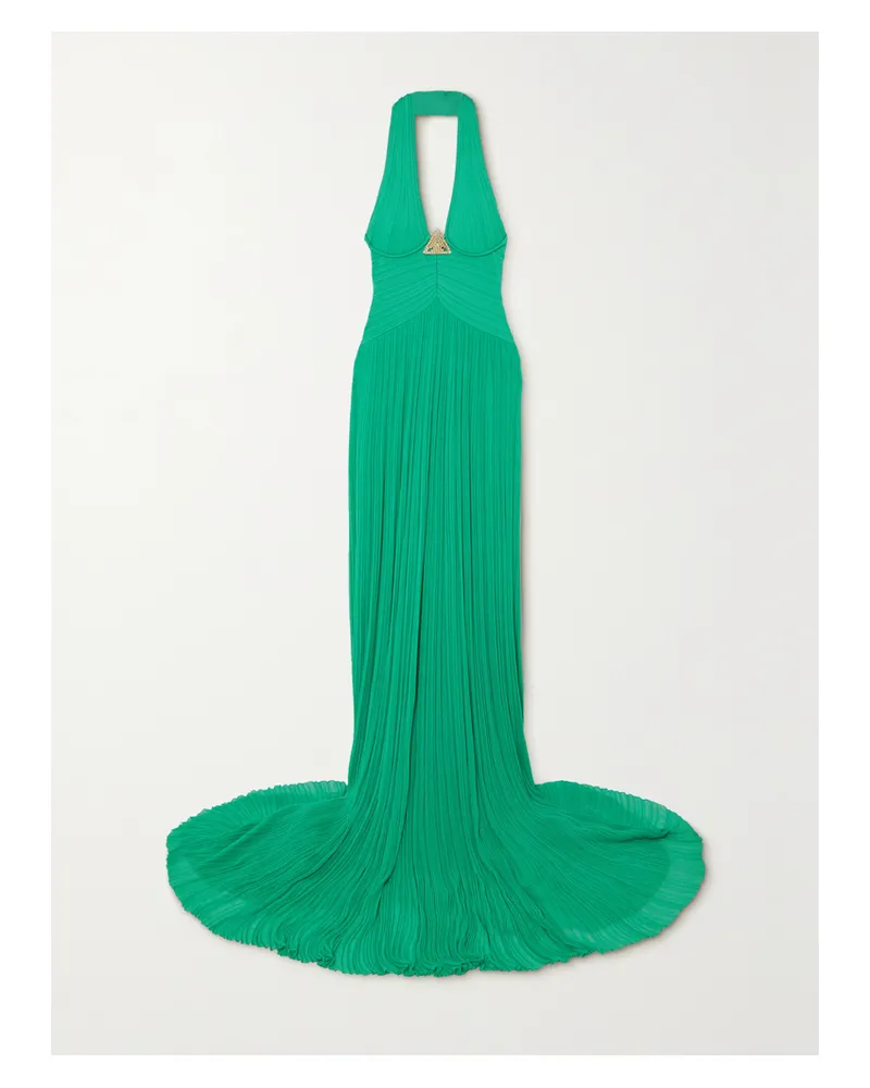 Balmain Neckholder-robe Aus Plissiertem Strick Mit Verzierung - Grün Grün
