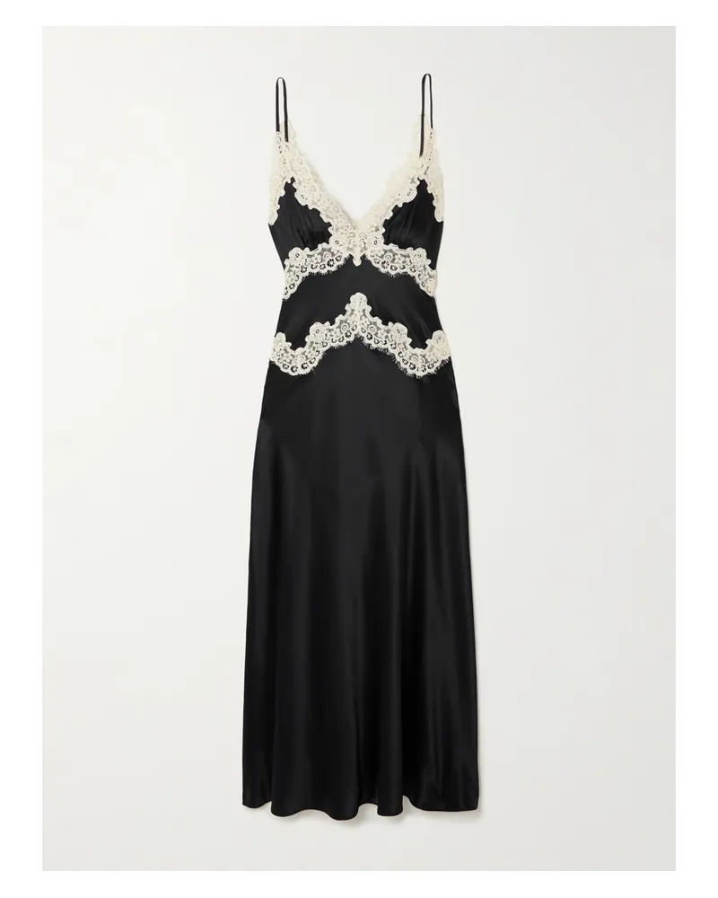 DÔEN Obelia Midikleid Aus Seidensatin Mit Schnurgebundenen Spitzenbesätzen - Schwarz Schwarz