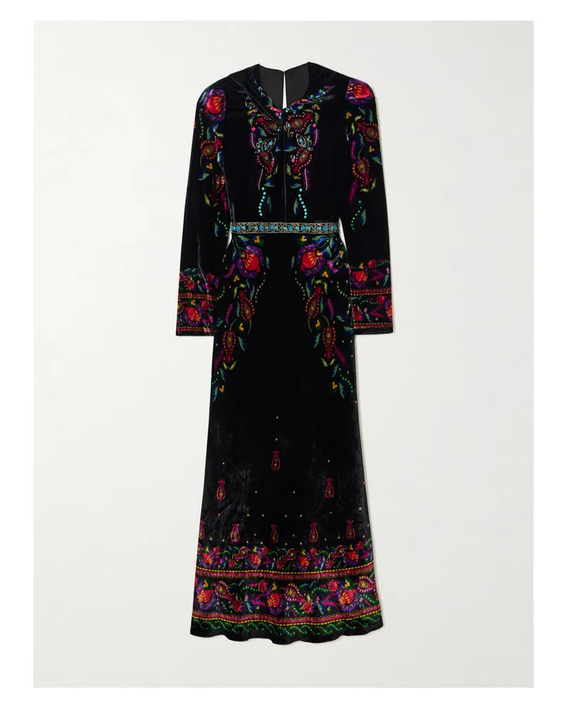 Saloni Claudia Twisted Embellished Printed Velvet Midi Dress - Black Black