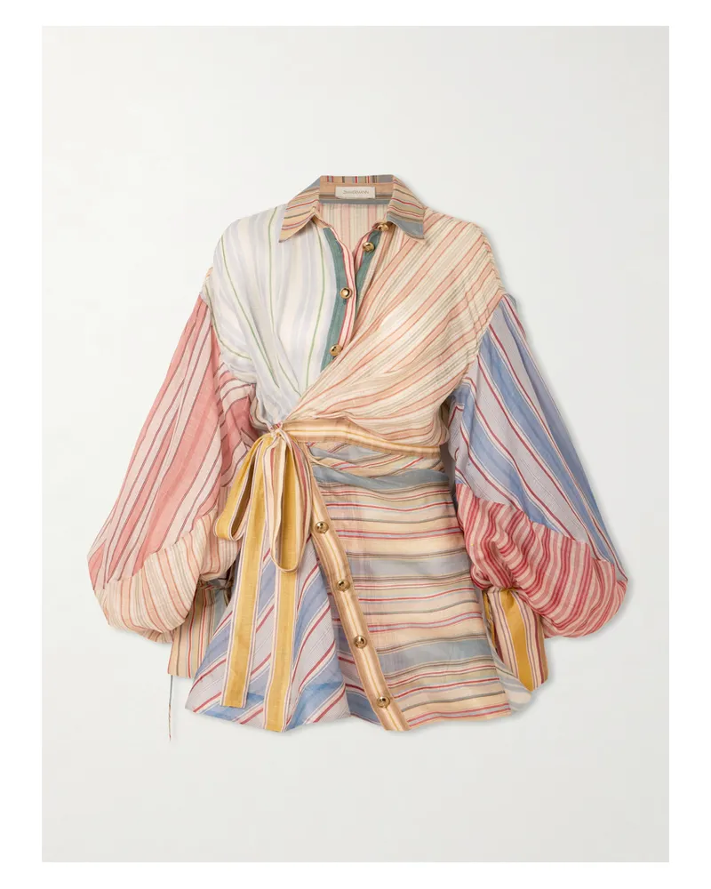 Zimmermann Rebellion Mini-wickelkleid Aus Gestreiftem Voile Aus Einer Leinen-seidenmischung In Patchwork-optik - Mehrfarbig Mehrfarbig