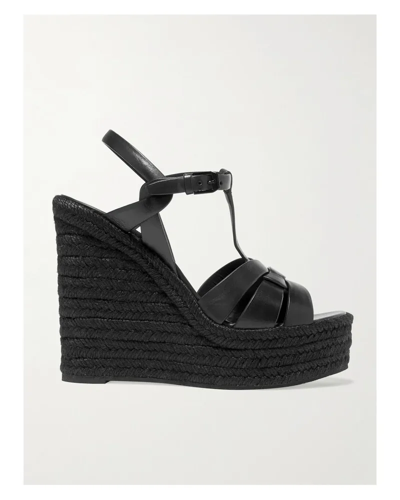 Saint Laurent Tribute Espadrille-wedges Aus Leder In Flechtoptik - Schwarz Schwarz
