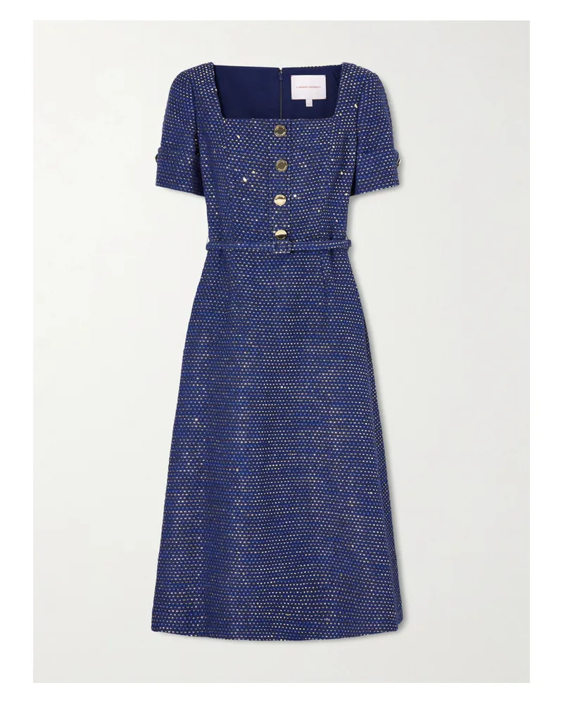 Carolina Herrera New York Belted Metallic Cotton-blend Tweed Midi Dress - Blue Blue
