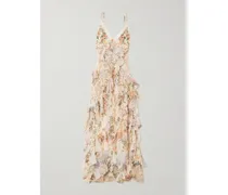 Lace-trimmed Ruffled Floral-print Silk-chiffon Maxi Dress - Multi