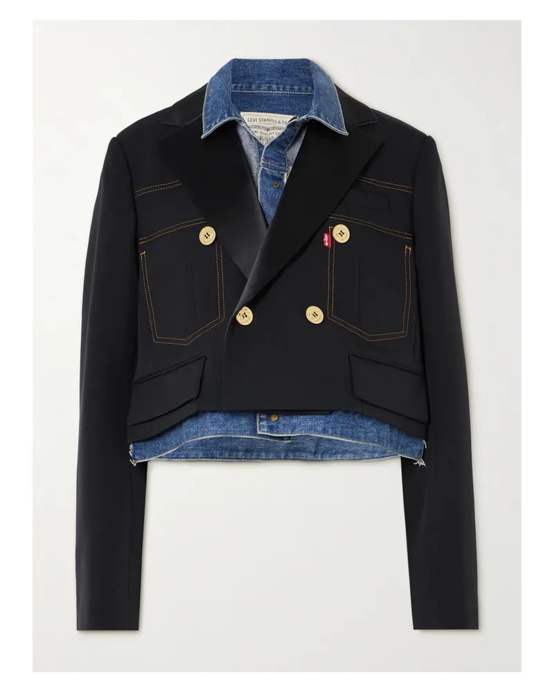Sacai Levi's® Verkürzte, Mehrlagige, Doppelreihige Jacke Aus Satin Und Denim - Schwarz Schwarz