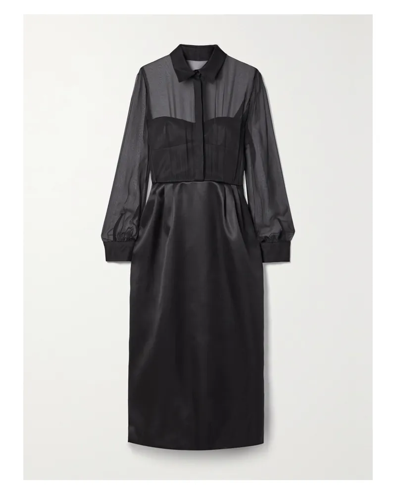 Gabriela Hearst Net Sustain Beatrice Kleid Aus Glänzendem Twill Aus Einer Biowoll-seidenmischung Und Seidenchiffon - Schwarz Schwarz