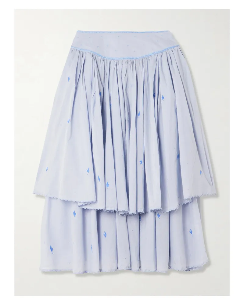 Thierry Colson Constance Gathered Tiered Embroidered Cotton-voile Midi Skirt - Blue Blue