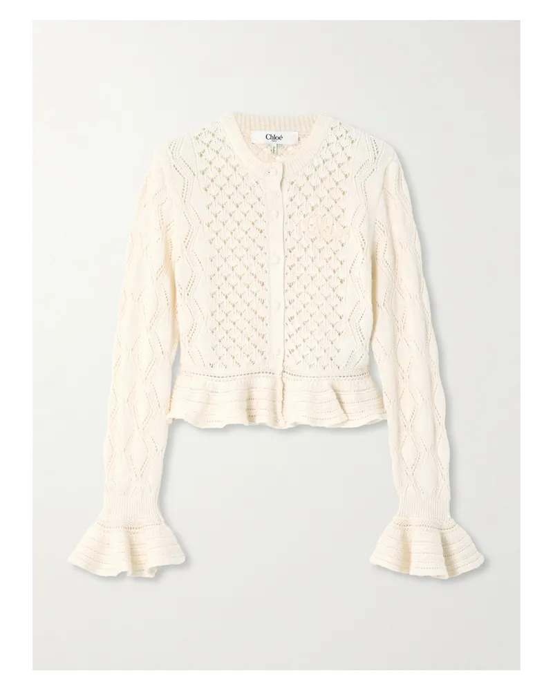 Chloé Verkürzter Cardigan Aus Pointelle-strick Aus Einer Mischung Aus Baumwolle, Alpakawolle Und Seide Mit Volants - Creme Creme