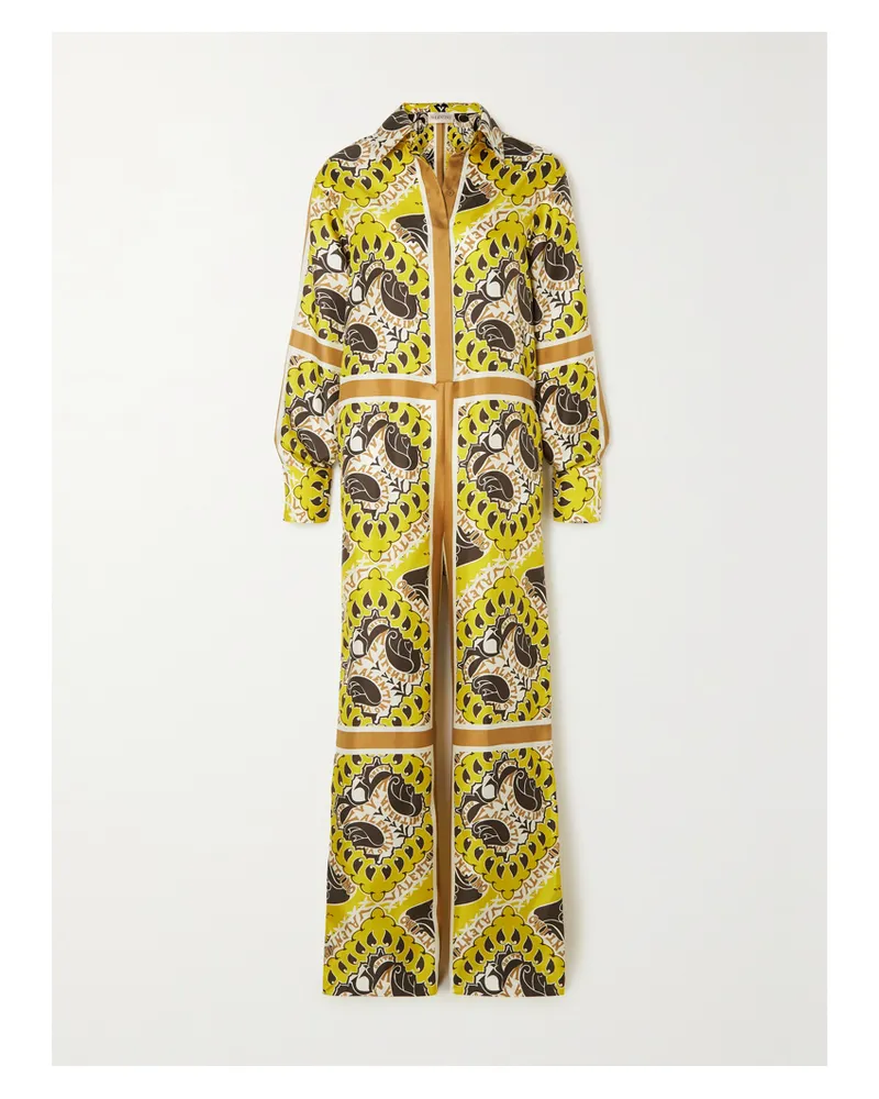 Valentino Garavani Manifesto Jumpsuit Aus Bedrucktem Seiden-twill - Gelb Gelb